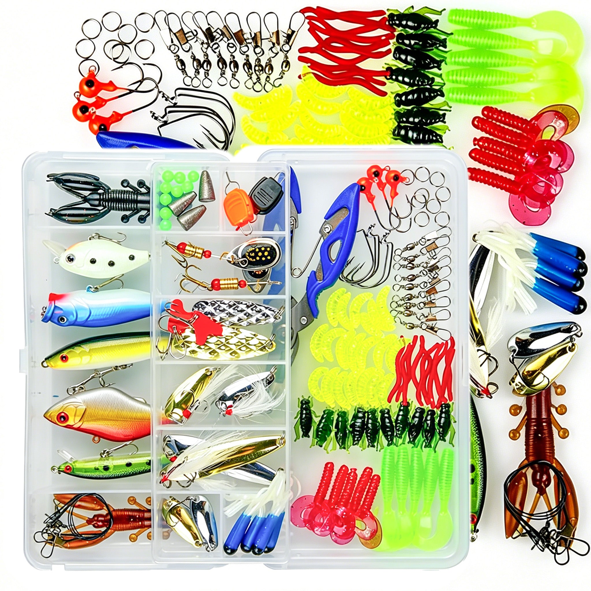 Jercoda 120pcs Fishing Lure Kits Set for Beginner, Long-Range Casting Lure Set with Lure Pliers for Freshwater Saltwater Fishing
