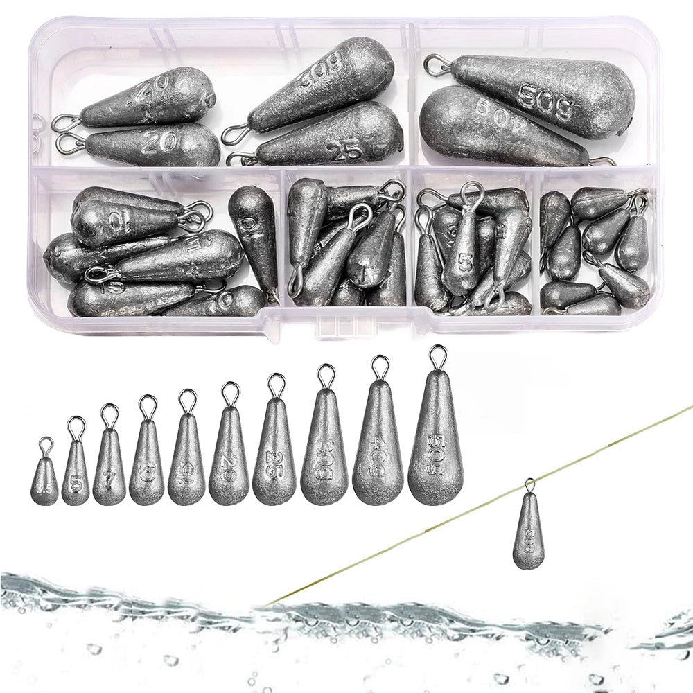 Jercoda 40 pcs Fishing Weights, 10 Sizes Fishing Sinkers Mixed Carp Fishing Weights with Swivel Assorted Metal Fish Casting Tool Set, Drop Shape Design Fishing Metal Weights