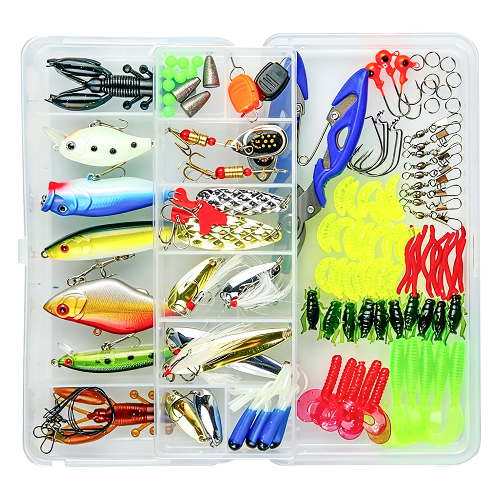 Jercoda 120pcs Fishing Lure Kits Set for Beginner, Long-Range Casting Lure Set with Lure Pliers for Freshwater Saltwater Fishing