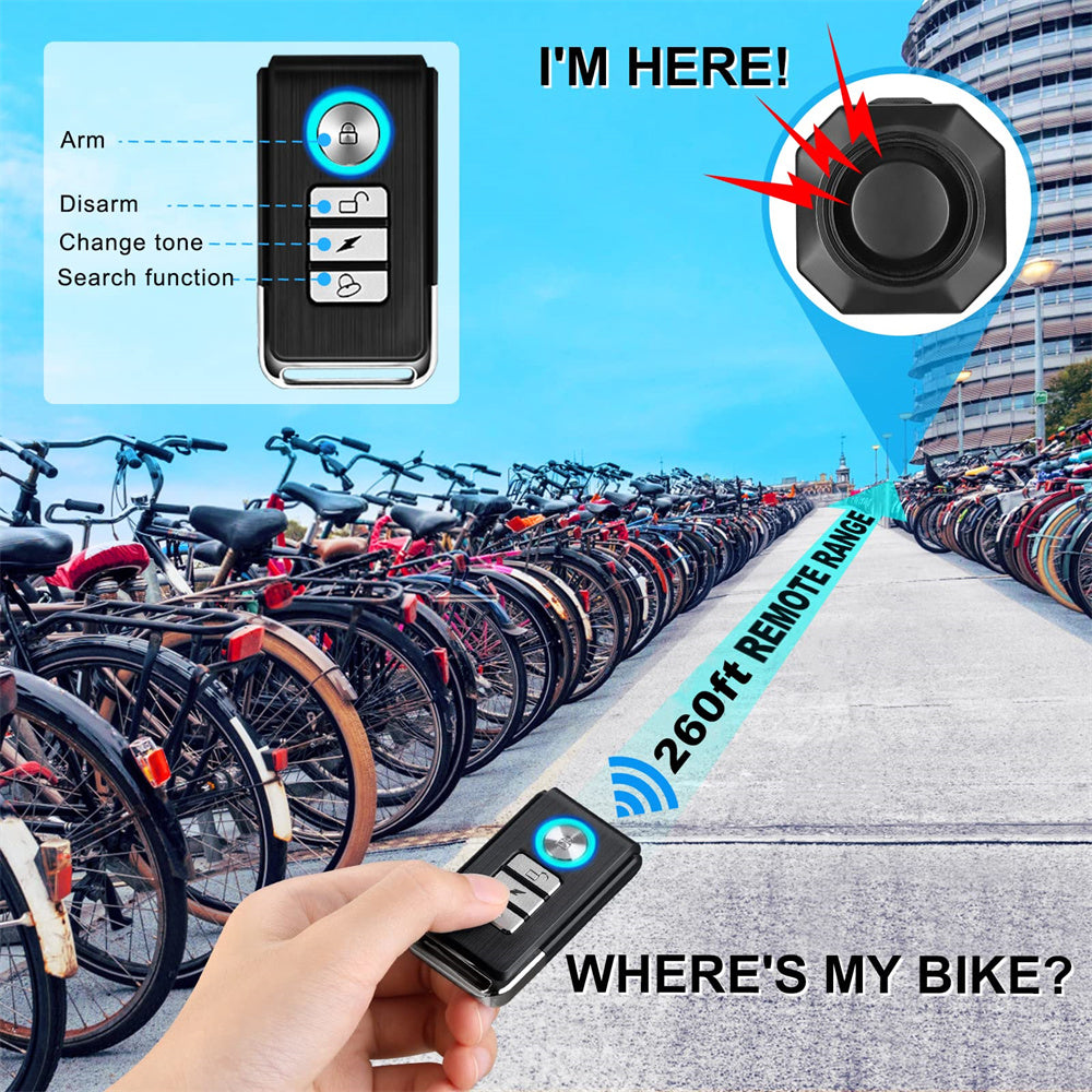Jercoda Bike Security Alarm with Remote, Anti-theft Vibration Motion Sensor System Alarm, 110dB Volumn Wireless Adjustable Vehicle Alarm for Bike Bicycle Motorcycle Electric Tricycle