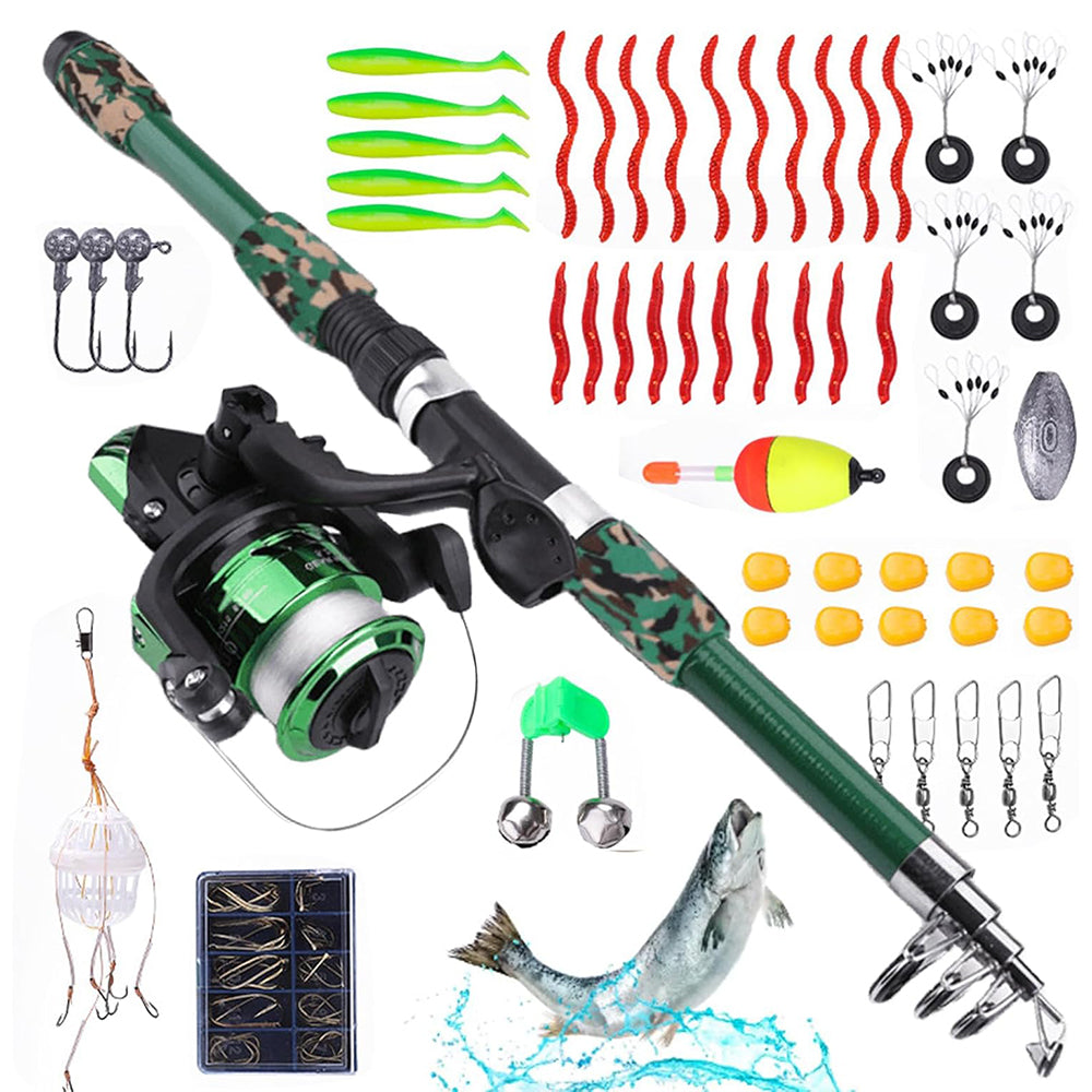 Jercoda 55 pcs Fishing Rod and Reel Set with Tackles for Beginners, 71 in Extensible Fishing Rod Combo Set for Beginners, Green