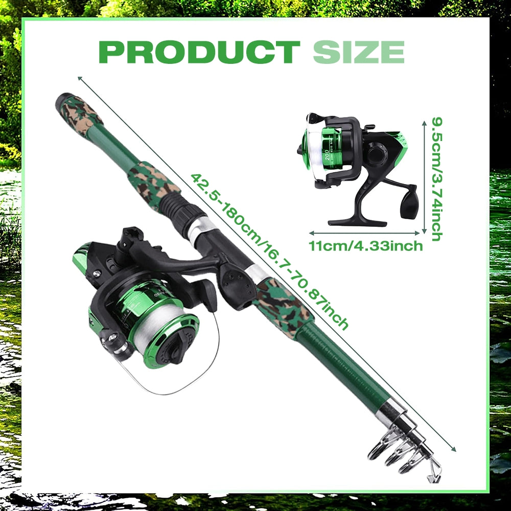 Jercoda 55 pcs Fishing Rod and Reel Set with Tackles for Beginners, 71 in Extensible Fishing Rod Combo Set for Beginners, Green