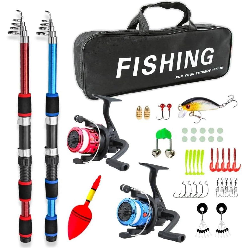 Jercoda 2 Pack 70inch Fishing Rod Reel Combos with Storage Bag, Telescopic Fishing Rod Set with Tackle Box, Portable Fishing Kit, Set of 2, Blue and Red