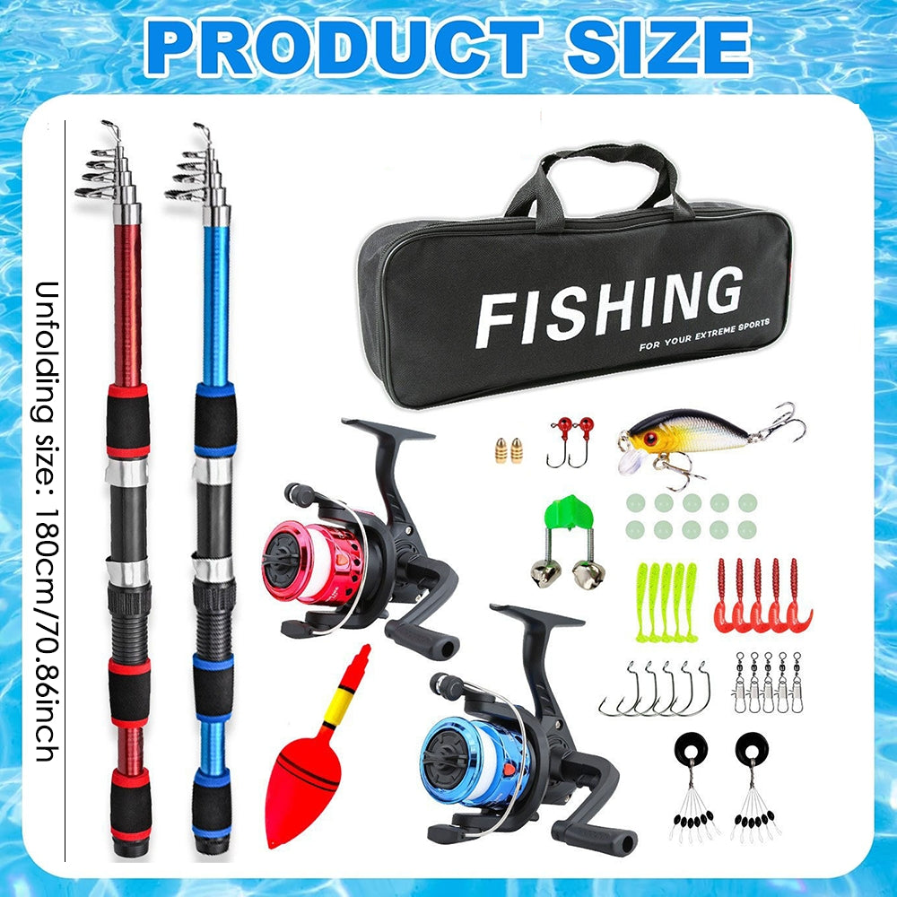 Jercoda 2 Pack 70inch Fishing Rod Reel Combos with Storage Bag, Telescopic Fishing Rod Set with Tackle Box, Portable Fishing Kit, Set of 2, Blue and Red