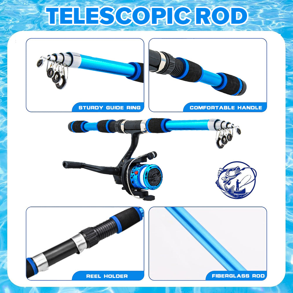 Jercoda 2 Pack 70inch Fishing Rod Reel Combos with Storage Bag, Telescopic Fishing Rod Set with Tackle Box, Portable Fishing Kit, Set of 2, Blue and Red