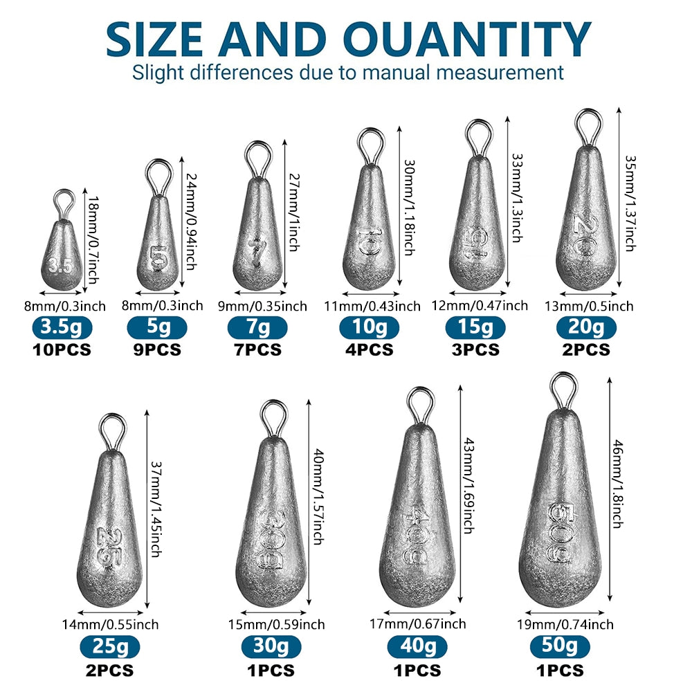 Jercoda 40 pcs Fishing Weights, 10 Sizes Fishing Sinkers Mixed Carp Fishing Weights with Swivel Assorted Metal Fish Casting Tool Set, Drop Shape Design Fishing Metal Weights