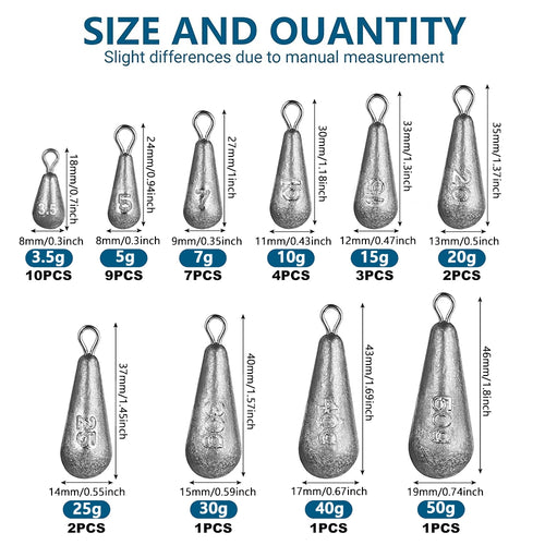 Jercoda 40 pcs Fishing Weights, 10 Sizes Fishing Sinkers Mixed Carp Fishing Weights with Swivel Assorted Metal Fish Casting Tool Set, Drop Shape Design Fishing Metal Weights