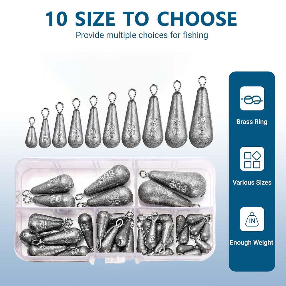 Jercoda 40 pcs Fishing Weights, 10 Sizes Fishing Sinkers Mixed Carp Fishing Weights with Swivel Assorted Metal Fish Casting Tool Set, Drop Shape Design Fishing Metal Weights