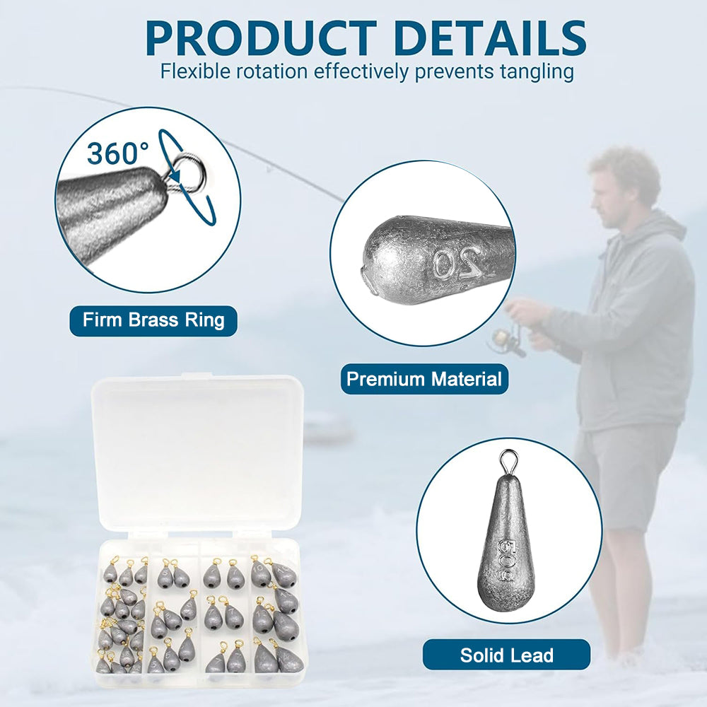 Jercoda 40 pcs Fishing Weights, 10 Sizes Fishing Sinkers Mixed Carp Fishing Weights with Swivel Assorted Metal Fish Casting Tool Set, Drop Shape Design Fishing Metal Weights
