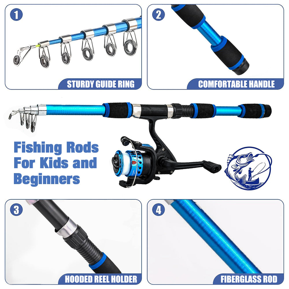 Jercoda Fishing Rod Kit with Tackles, Telescopic Fishing Pole and Reel Cambo Set, Fishing Set with Spinning Reel, Portable Fishing Accessories with Storage Bag for Beginners Youth, Blue