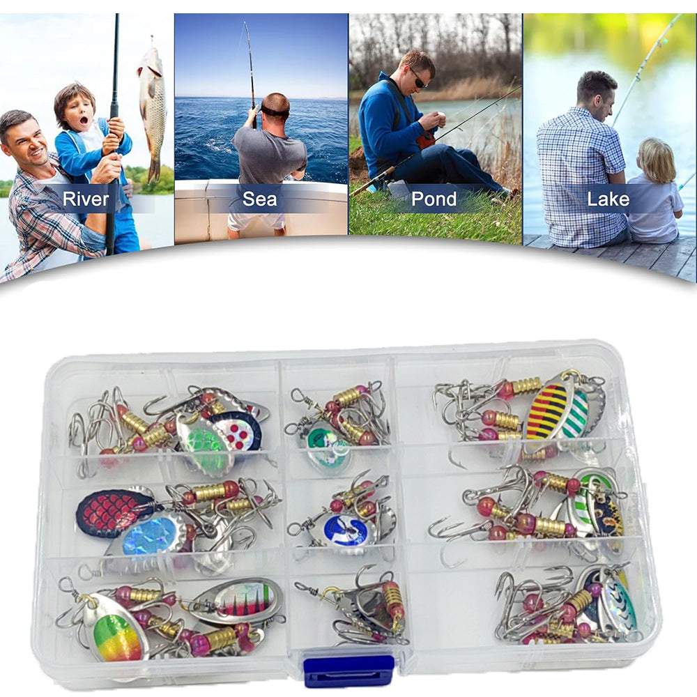Jercoda 30pcs Fishing Lures Kit with Tackle Box, Colorful Fishing Lure Bass Baits Kit Sharp Hooks Hard Metal Lure Baits Spinner Baits Set for Fishing